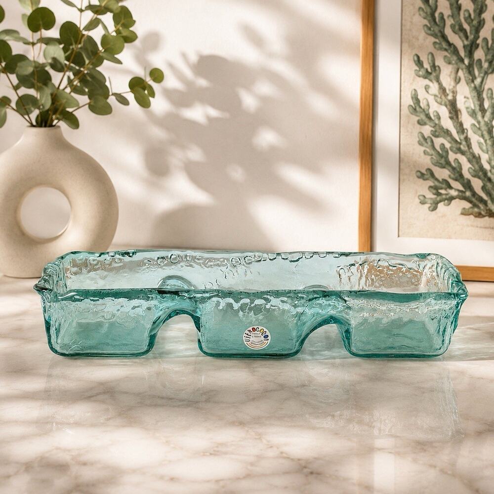Recycled Art Glass Separated Tray Rectangle Aqua Clear 12” Egypt Vitrocolor
